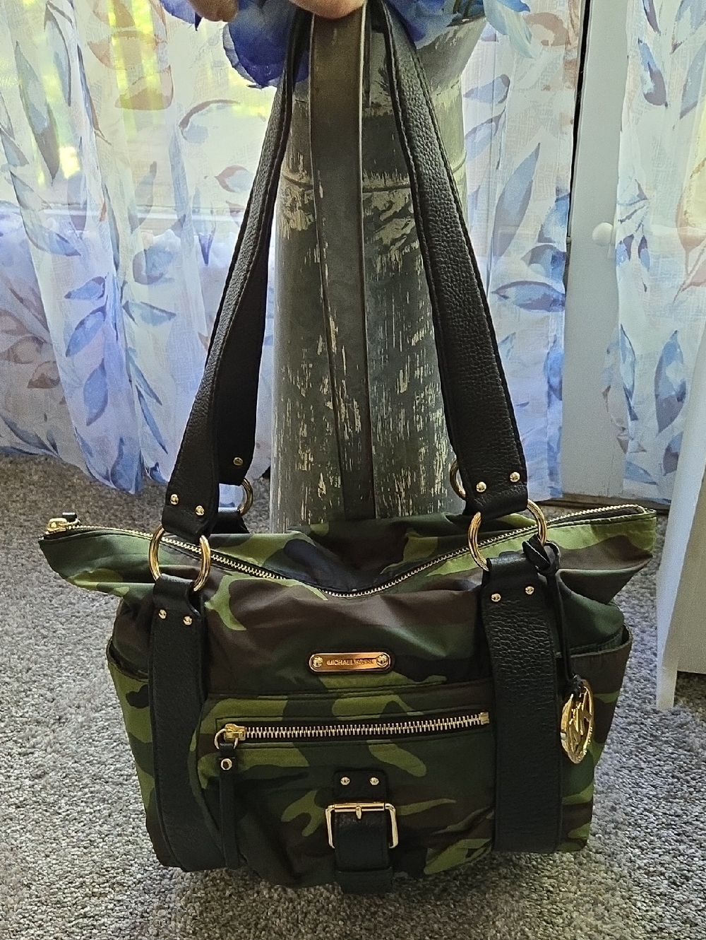 Michael Kors Green Camouflage Shoulder Tote with Black Straps